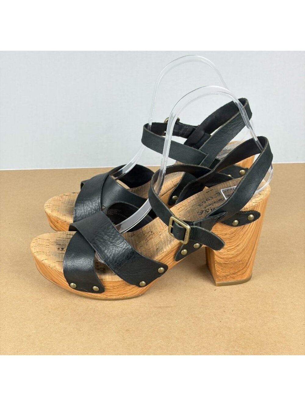 Kork-Ease Mia Platform Heeled Sandals Womens 9 Black Leather Adjustable Buckle